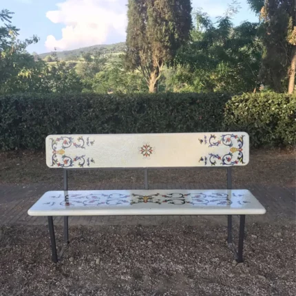 A lava stone bench in blooming harmony design. Elevate urban decor with benches that can withstand severe weather conditions.