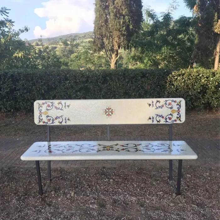 A lava stone bench in blooming harmony design. Elevate urban decor with benches that can withstand severe weather conditions.