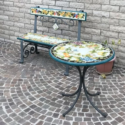 A lava stone set, table, and benches in fruitful serenity design. Not just classical elegance but a place where functionality and durability merge seamlessly.