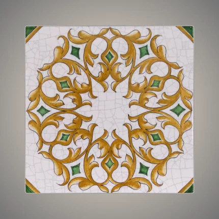 This is an enamel glazed lava stone tile in a golden rossete design.