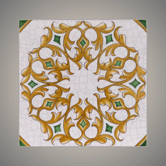 This is an enamel glazed lava stone tile in a golden rossete design.