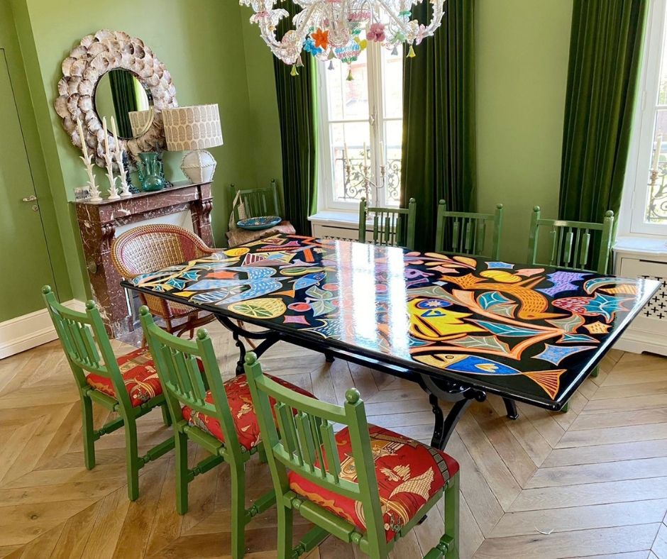 This is a rectangular lava stone table with a beautiful design.
